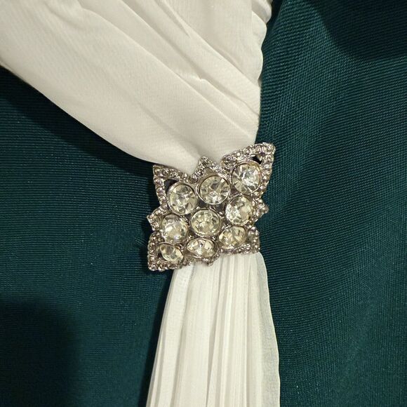 Design Team 4-U Green And White Satin Long Dress, Size 8 With Rhinestone Pin. - Picture 2 of 6